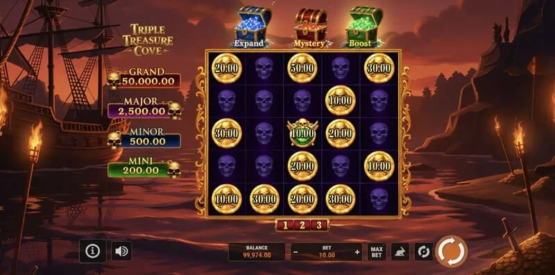 Triple Treasure Cove - glavni zaslon z koluti in piratskim zalivom